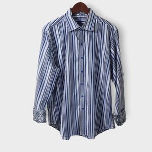 Robert Graham Blue Stripe Shirt Geometric Flip Cuff Sz XL Classic